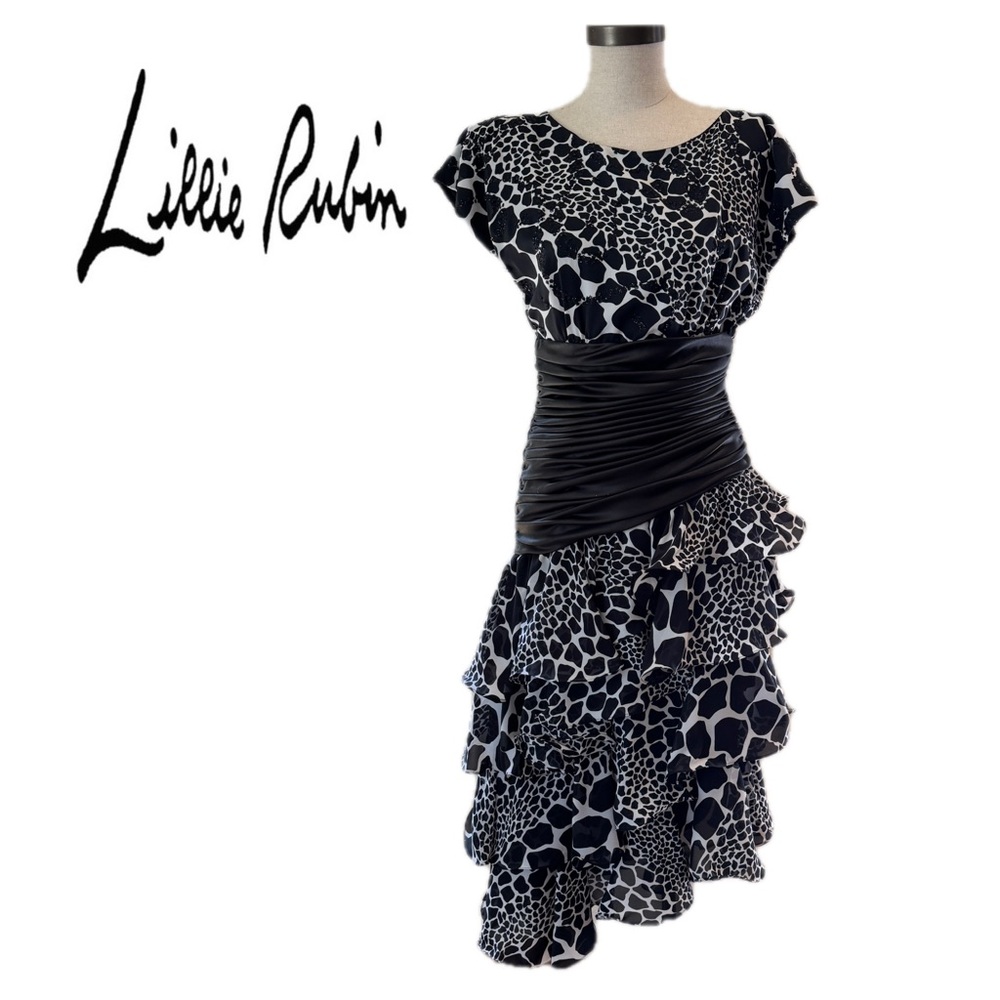 Vintage Lillie Rubin 1980s Black & White Asymmetric Dress with Black Beads Sz 10